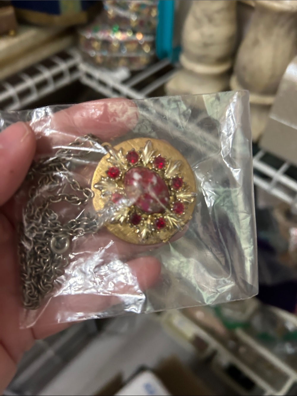 Gold-Tone Pendant Necklace with Red Crystal Accents